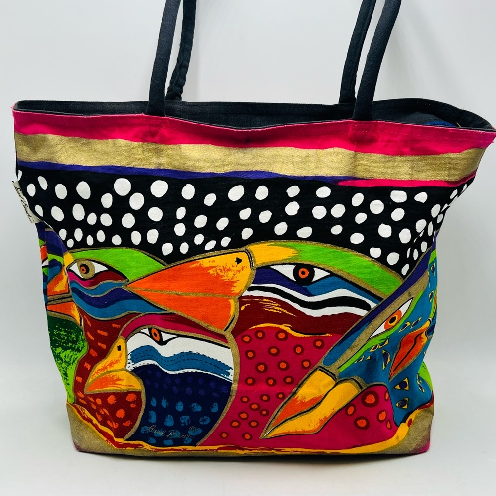 Laurel Burch Sky Spirit Tropical Bird Print Tote Bag Canvas Vibrant Zip Artsy - Picture 7 of 9
